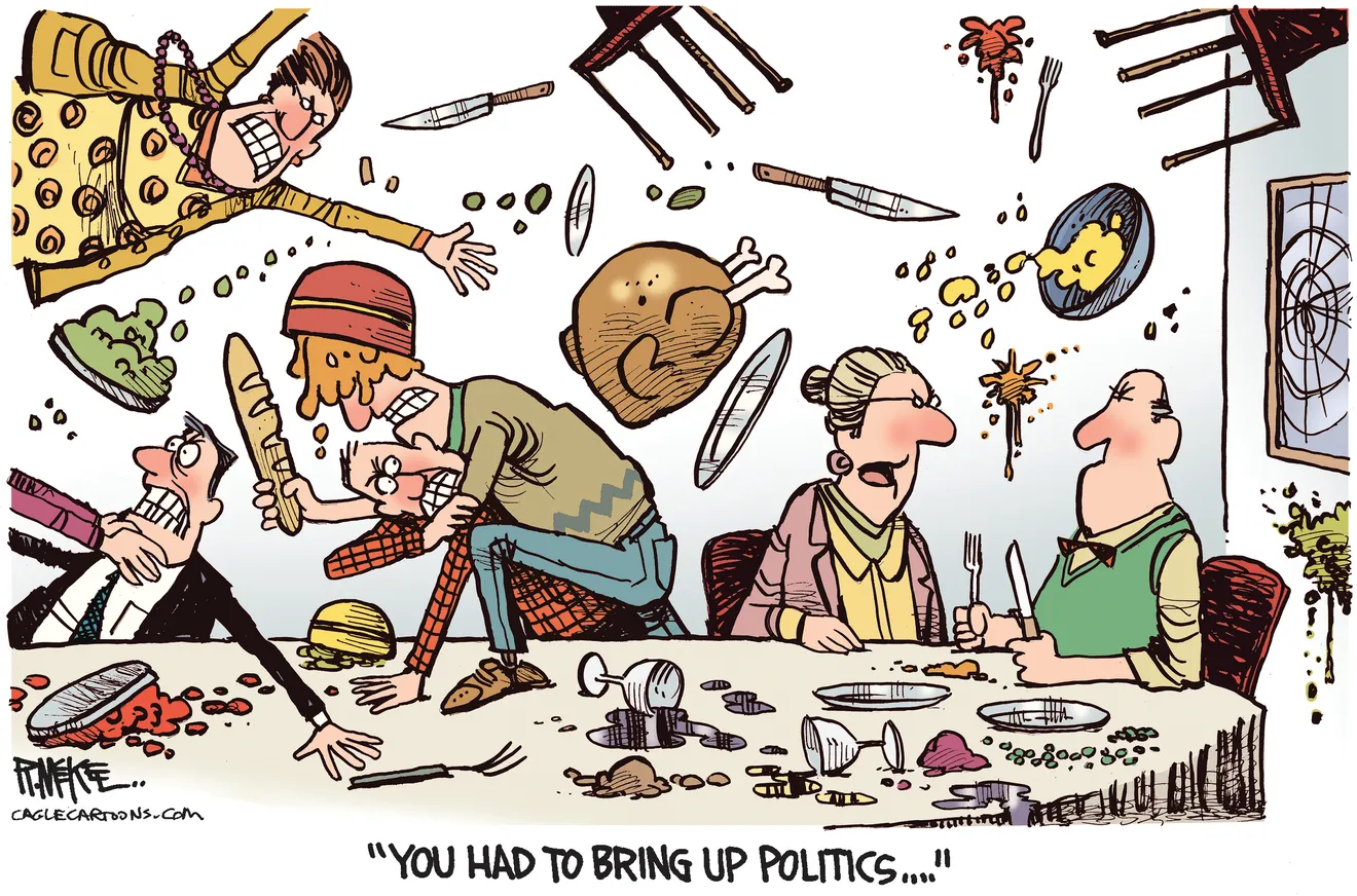 A cartoon with a turkey food fight with the caption 'You had to bring up politics'