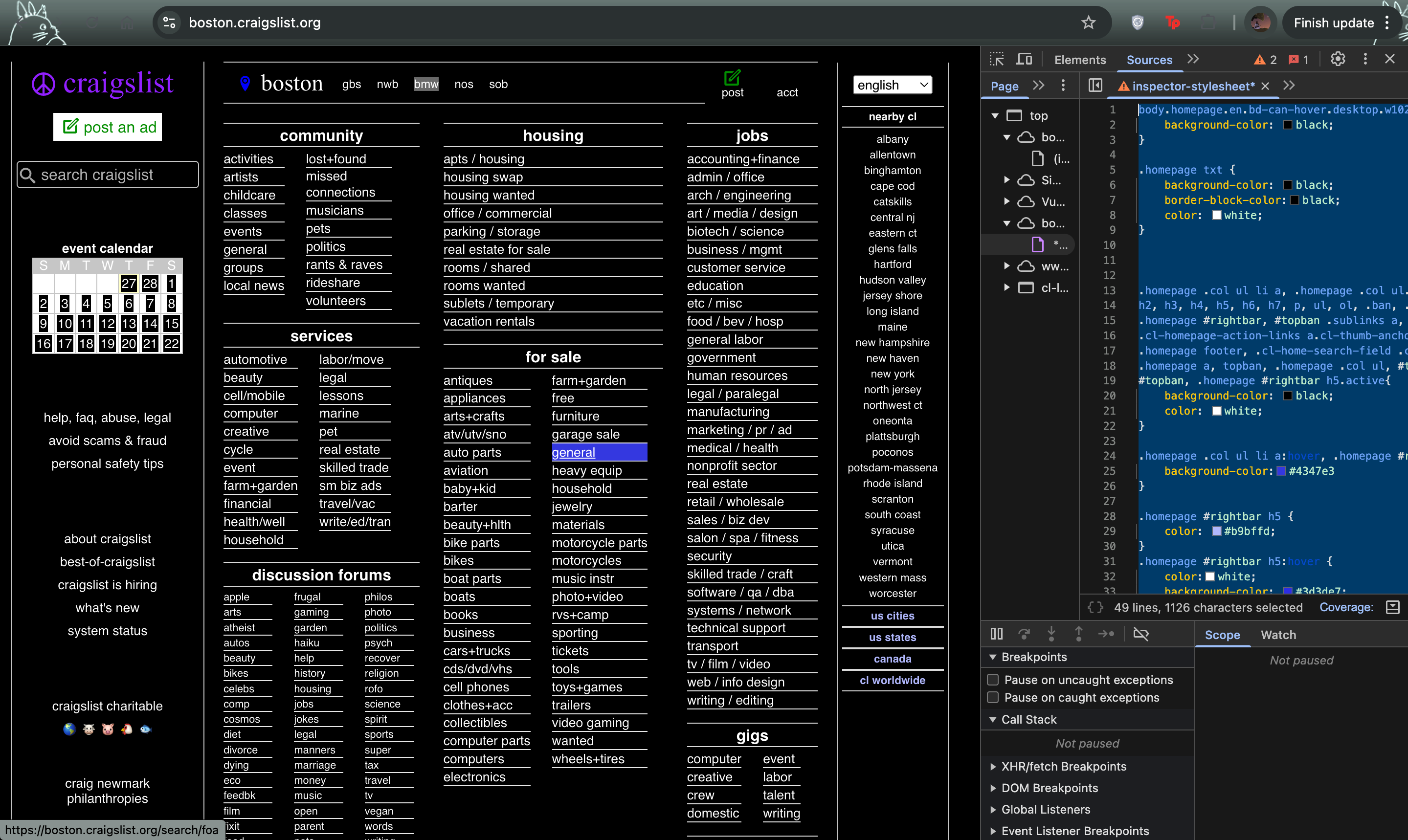 a screenshot of craigslist in dark mode