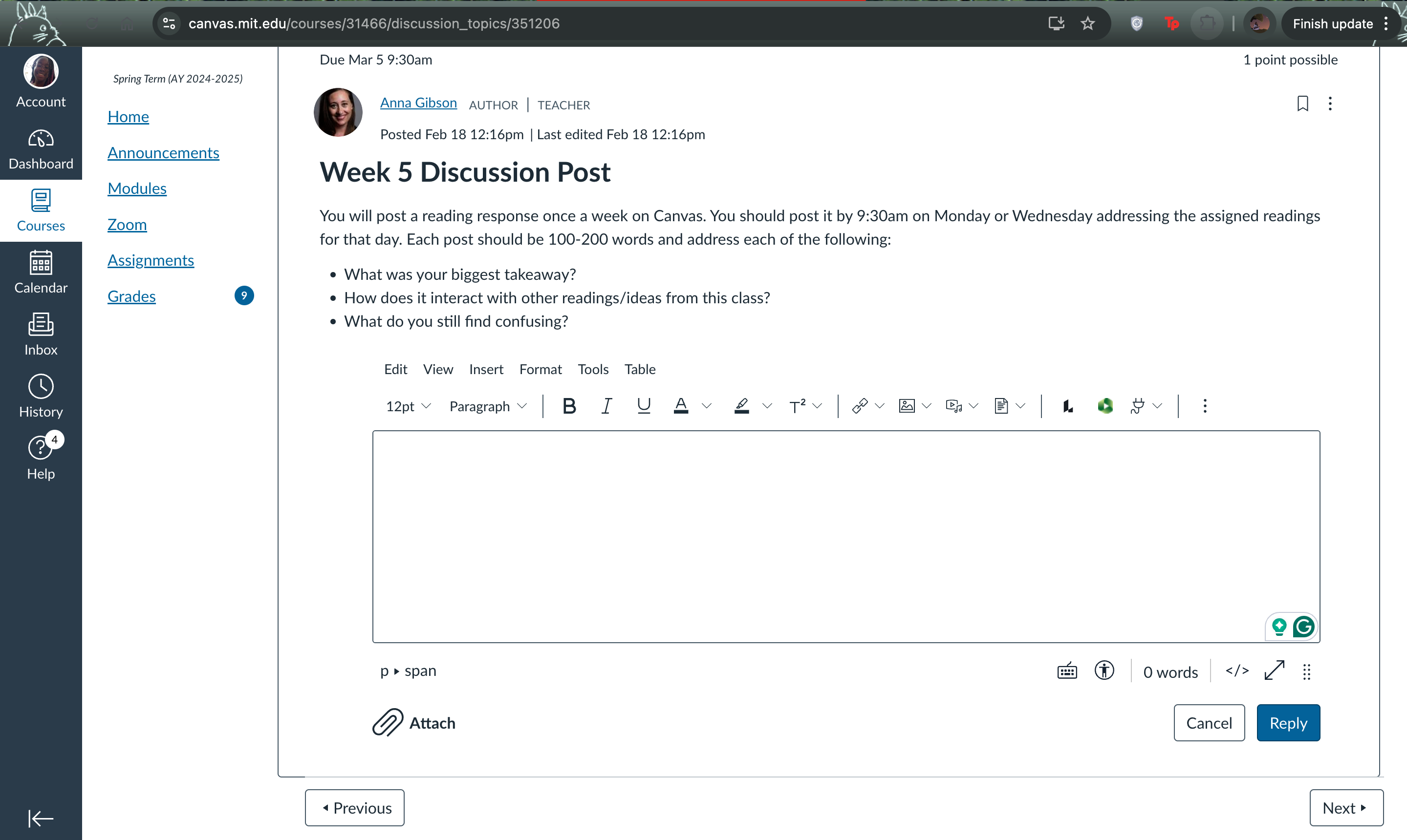 a screenshot of a canvas discussion post